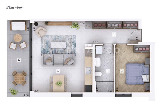 Istra, Rovinj, Šorići – novogradnja z vrtom in teraso, 58 m² — tloris 2